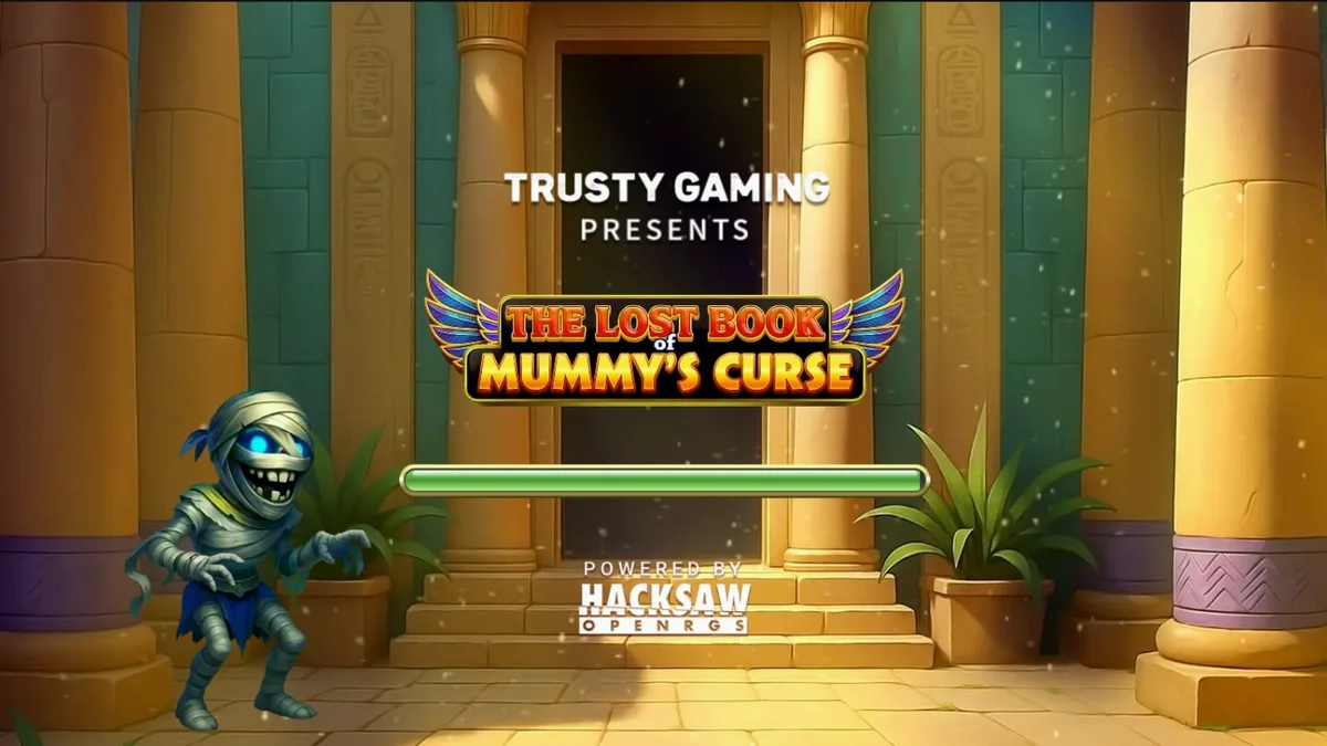 Tampilan layar permainan slot The Lost Book of Mummy’s Curse dengan simbol Mesir kuno yang ceria dan mumi kartun.