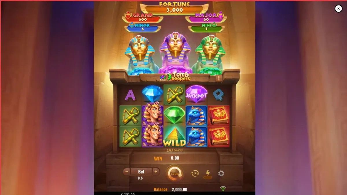 Patung Firaun dan simbol Mesir kuno dalam slot 3 Tomb Keepers