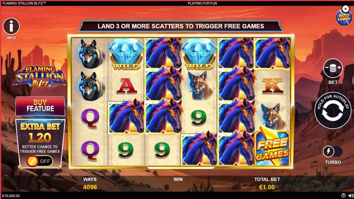 Flaming Stallion Blitz slot game interface showing the flaming horse symbol